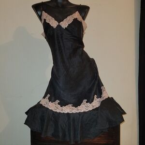 100% SILK Victoria's Secret Black Chemise with Pink Lace Trim